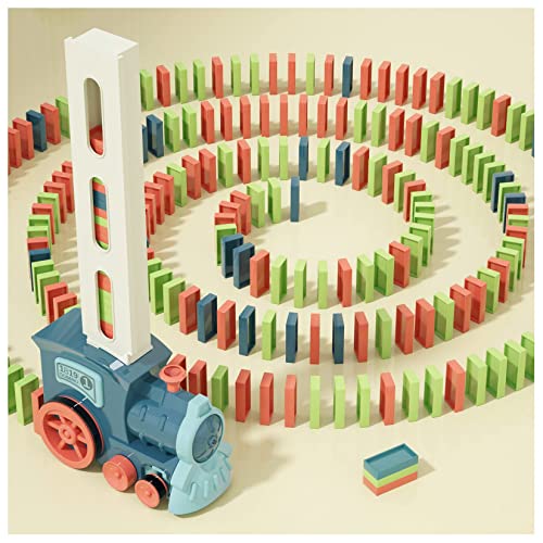 PREPHY Kids Games Domino Train Toys: 180PCS Automatic Stacking Creative Game 3+ Year Old - Stem Montessori Toy for Boys 4-6 - Summer Autistic Christmas Birthday Gifts 5 6 Toddler Girls Ages 4-8 - Morandi Blue