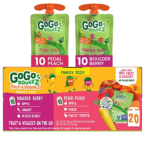 GoGo SqueeZ Fruit & VeggieZ Variety Pack, Pedal Peach and Boulder Berry, 3.2 oz (Pack of 20), Unsweetened Snacks for Kids, Gluten Free, Nut Free, Dairy Free, Recloseable Cap, BPA Free Pouches - Boulder Berry & Pedal Pedal Peach