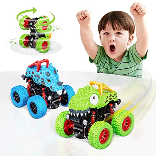 LODBY Dinosaur Toys for 2 3 4 5 Year Old Boys , Pull Back Vehicles Toys Monster Truck for Toddler Boys Age 2-4-6, Dino Cars for Kids 3-5 Year Old Christmas Birthday Gifts - 2 Pack-Blue/Green