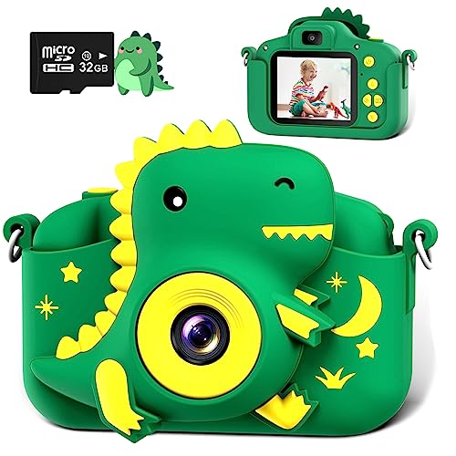 GREENKINDER Dinosaur Kids Camera, Toddler Digital Camera for Ages 3-12 Boys Girls Childrens, Christmas Birthday Gifts, Selfie 1080P HD Video Camera for 3 4 5 6 7 8 9 Years Old Boys Girls Toys Gifts - Green
