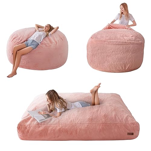 MAXYOYO Giant Bean Bag Chair Bed for Adults, Convertible Beanbag Folds from Lazy Chair to Floor Mattress Bed, Large Floor Sofa Couch, Big Sofa Bed, High-Density Foam Filling, Machine Washable - Queen - Pink