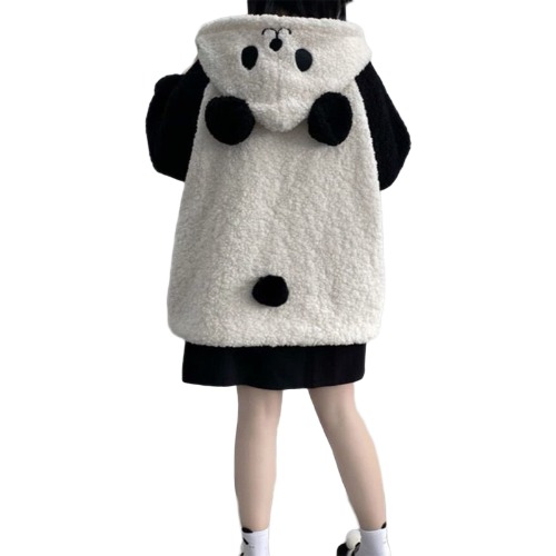 Women Cute Panda Plush Hoodies Pullover Kawaii Fuzzy Fluffy Sweatshirt Pullover Hooded Sweater Cardigan Button Casual - Black White X-Large