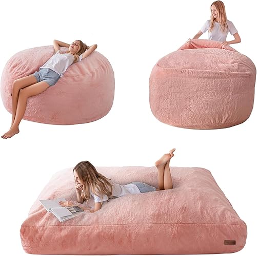 MAXYOYO Giant Bean Bag Chair Bed for Adults, Convertible Beanbag Folds from Lazy Chair to Floor Mattress Bed, Large Floor Sofa Couch, Big Sofa Bed, High-Density Foam Filling, Machine Washable - Queen - Pink