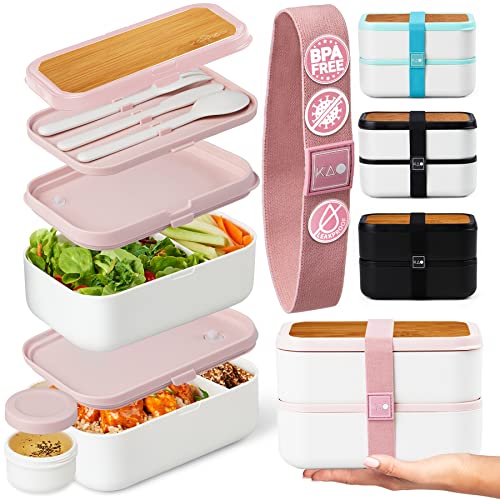 KARRICO Double Bento Box, 67 fl oz BPA Free - Two Stackable Containers with Leak-Proof Lids & Adjustable Dividers For Easy Portion Control & Meal Prep Lunch Box (Dusty Pink) - Dusty Pink