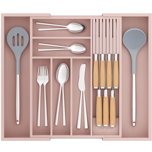 TIOPGHAD Bamboo-Silverware-Drawer-Organizer-Kitchen, Expandable Utensil Holder Cutlery Tray Flatware Organization Adjustable Wood Tableware Dividers Storage (with Removable Knife Block)(Grey Pink) - Grey Pink
