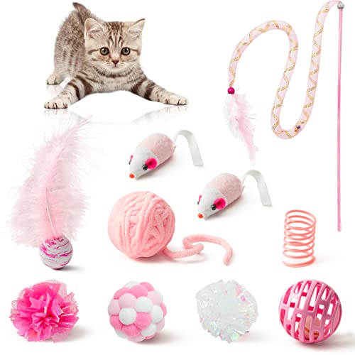 MALLMALL6 10Pcs Cat Toy Set Interactive Cat Toys Pack Including Feather Teaser Wand Cat Springs Mice Crinkle Balls and Pet Bell Balls, Puzzle Toys for Indoor Cats Gift (Pink) - Pink