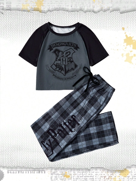 Harry Potter | ROMWE Letter Graphic Raglan Sleeve Tee & Plaid Pants PJ Set