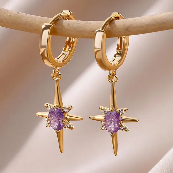 Gold Celestial Star Earrings, Colourful Gem in Earring, Unique Dangle Earrings for Women, Comfortable Gold Earrings, 18K Gold Filled, Star
