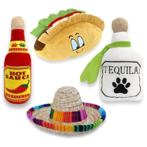 4 Pack Fiesta Dog Chew Toys and Sombrero - Mexican Squeak Plush Toys - Dog Gifts for Chihuahuas - Taco - Tequila - Hot Sauce
