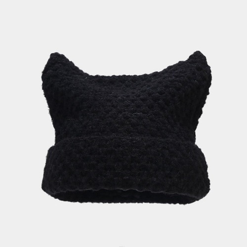 Cat Ears Streetwear Harajuku Beanie Little Devil Striped Knitted Hat - Black / head 56-59cm