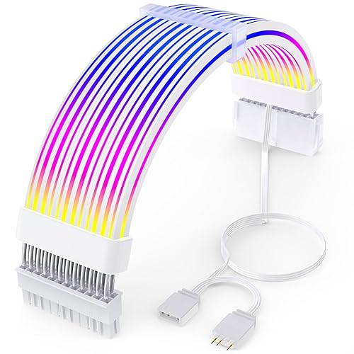 Sirlyr 24 Pin RGB PSU Cables,ARGB PC Cable for Motherboard Power Supply Extension - 5V 3Pin Addressable Four Sides Lighting RGB Strips Decor Computer Case White - 24Pin - White Style