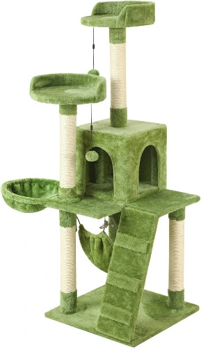 KZLAA 53in Cat Tree Cat Tower Condo Furniture Scratch Post with Natural Sisal Rope, Hammock & Cradle for Cats Kittens, Tall Cat Climbing Stand with Plush Perch & Toys - Green