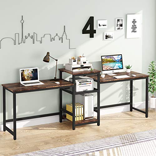 Tribesigns 96.9" Double Computer Desk with Printer Shelf, Extra Long Two Person Desk Workstation with Storage Shelves, Large Office Desk Study Writing Table for Home Office, Dark Brown - Dark Rustic