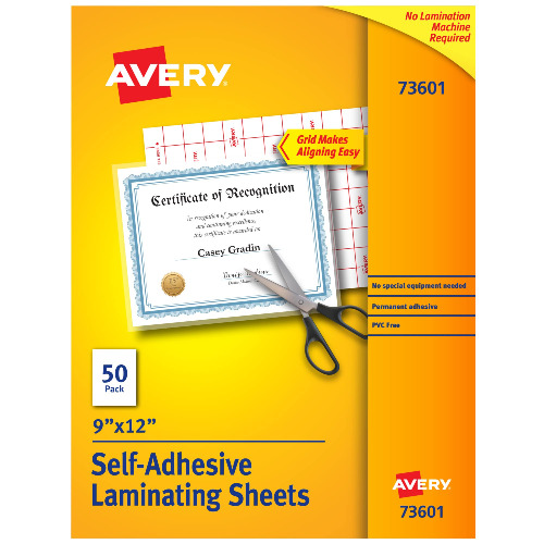 Avery 73601 Self-Adhesive Laminating Sheets, 9 x 12 Inch, Permanent Adhesive, 50 Clear Laminating Sheets - 50 Sheets Regular