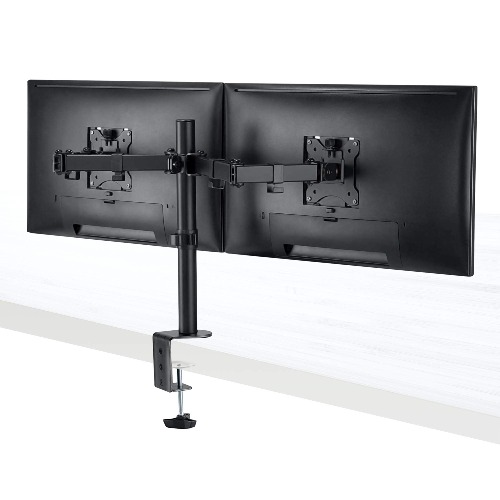 Redlemon Soporte para 2 Monitores de 13” a 32” Pulgadas, Base Ajustable para Escritorios de 1 a 9 cm de Grosor, Resiste Hasta 8 kg por Lado, Rotación 360°, Fácil de Colocar, Incluye Kit de Instalación - 2 Monitores