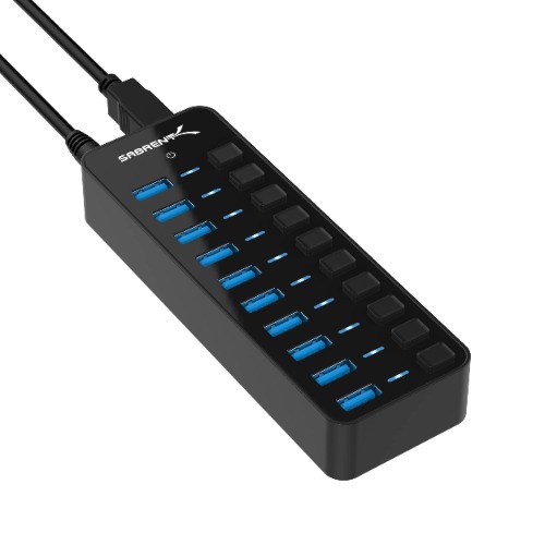 SABRENT 10 Port 60W USB 3.0 Hub with Individual Power Switches and LEDs Includes 60W 12V/5A Power Adapter (HB-BU10) - Ten-Port