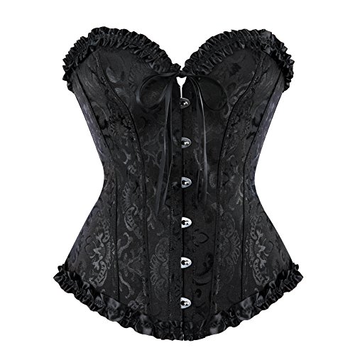 frawirshau Women's Lace Up Boned Overbust Corset Bustier Lingerie Bodyshaper Top - X-Small - Black