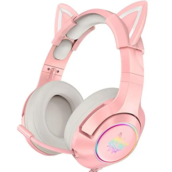 PHNIXGAM Pink Girl Gaming Headset for PS4, PS5, Xbox One(No Adapter), Wired Over-Ear Headphones with Detachable Cat Ears, Noise Cancelling Microphone, RGB Backlight, Surround Sound for PC