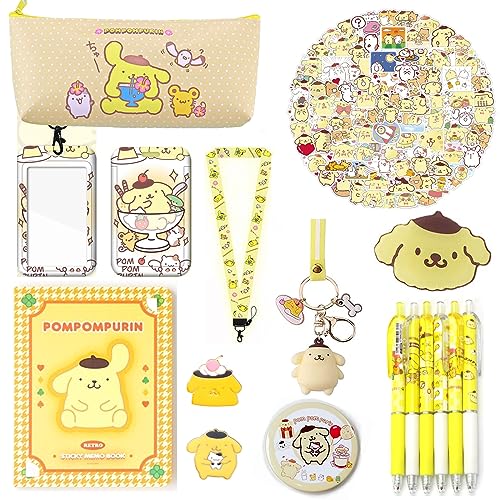 Cute Pompompurin School Supplies Set Kawaii Office Supplies Gift Set Including Gel Ink Roller Pens Stickers Pencil Case ID Badge Stickers Button Pins Key Chain Phone Ring Holder