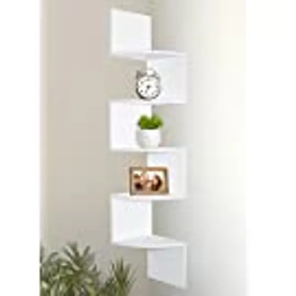 Greenco Corner Shelf Unit Wall Mount | 5 Tier Wood Floating Shelves | Easy-to-Assemble Tiered Wall Storage | Wall Organizer for Bedrooms, Bathrooms, Kitchen, Offices and Living Rooms - White Finish