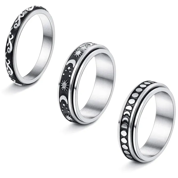 Jstyle 3Pcs Stainless Steel Fidget Band Rings Spinner Rings for Women Mens Moon Star Sun Ring Celtic Stress Relieving Reduce Anxiety