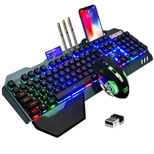 Wireless gaming Keyboard and Mouse,Rainbow Backlit Rechargeable Keyboard Mouse with 3800mAh Battery Metal Panel,Removable Hand Rest Mechanical Feel Keyboard and 7 Color Gaming Mute Mouse for PC Gamers - Black Rainbow