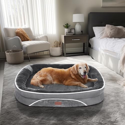 OhGeni Orthopedic Dog Bed for Large Dogs, Oversized Couch Design with Egg Foam Support, Removable, Machine Washable Plush Cover and Non-Slip Bottom with Four Sided Bolster Cushion (Gray) - M-Ovesized (35 x 28 x 6 Inch) - Gray