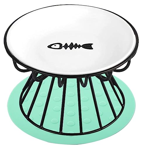 Anti-Vomit Elevated Cat Bowls, Healthy Ceramic Raised Cat Food Bowls for Indoor Cats, Shallow & Wide Whisker Fatigue Cat Bowl Elevated, Flat Cute Cat Feeding Dishes Plate for Wet Food Whisker Friendly - Raised Elevated Stand with 1 Cat Bowl