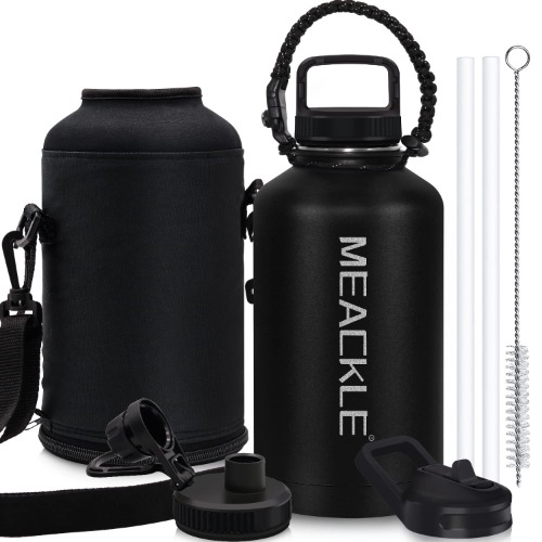 MEACKLE Insulated Water Bottle 64oz with Straw & 3 Lids & Paracord Handle - Half Gallon Metal Bottle , Large BPA Free Double Stainless Steel Water Jug, Travel Mug for Sports Outdoor, Gym (Black) - Black