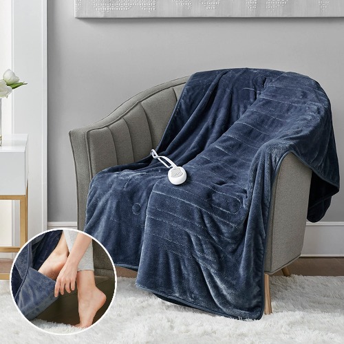 Soft Plush Electric Heated Blanket Throw | Navy Blue 50 x 62 | 3 Heat Settings with 2 Hour Auto Shut Off | Machine Washable - Foot Throw 50x62" Navy