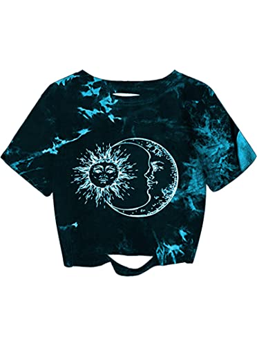 Remidoo Womens Short Sleeve Sun and Moon Print Tie Dye T-Shirt Top casual  Tees Black green XX-Large