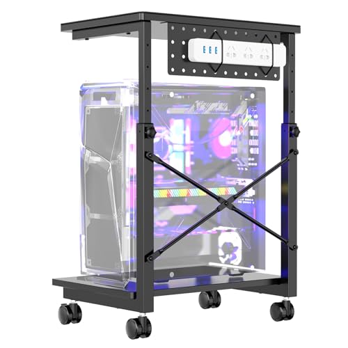 PUTORSEN PC Tower Stand, Height Adjustable Computer Tower Stand Under Desk, 2-Tier ATX-Case PC Floor Stand, PC Holder, Under Desk Printer Stand with Rolling Wheels, Black