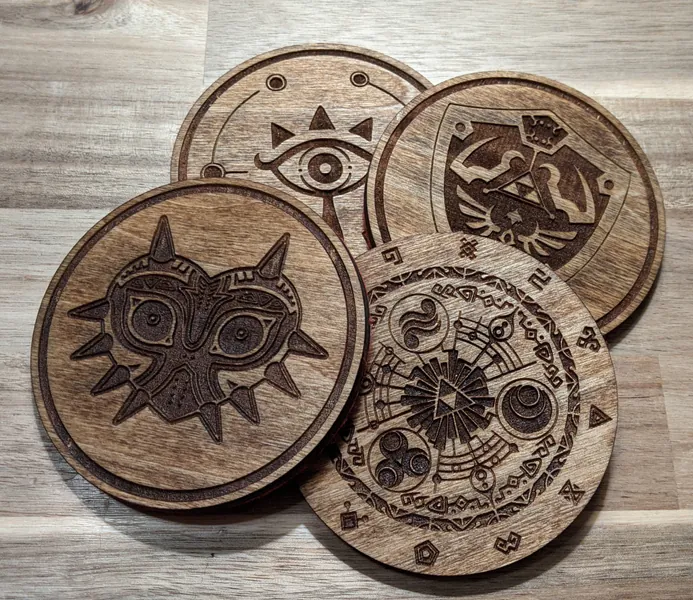 Zelda Coasters: Set of Four Different Images, Laser Engraved Wood with Felt