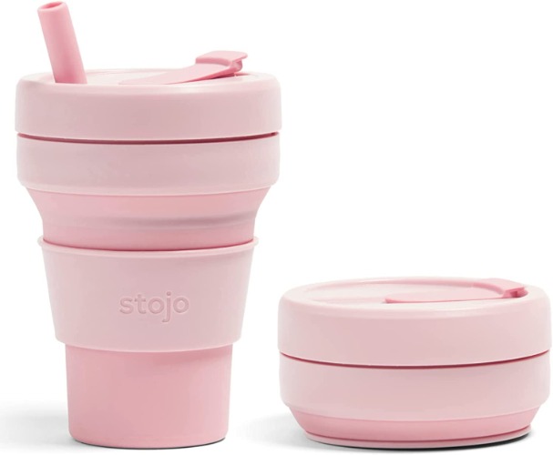 Stojo Collapsible Travel Cup With Straw - Carnation Pink, 16oz / 470ml - Reusable To-Go Pocket Size Silicone Bottle for Hot and Cold Drinks - Perfect for Camping & Hiking - Microwave & Dishwasher Safe - 16 Ounce (Pack of 1) Carnation