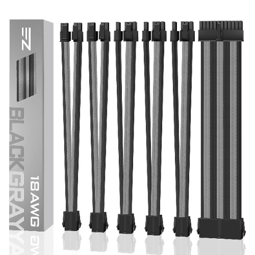 EZDIY-FAB PSU Cable Extension Sleeved Custom Mod GPU PC Power Supply Soft Nylon Braided with Comb Kit 24PIN/3x 8PIN to 6+2Pin/ 2X 8PIN to 4+4PIN-300MM/11.9in - Black Grey - Black and Grey