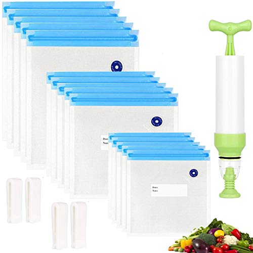 Reusable Sous Vide Bags 3 Sizes - 20 Pack with Hand Pump, Sealing Clips for Sous Vide Cooking and Food Storage (Blue Kit) - Blue Kit