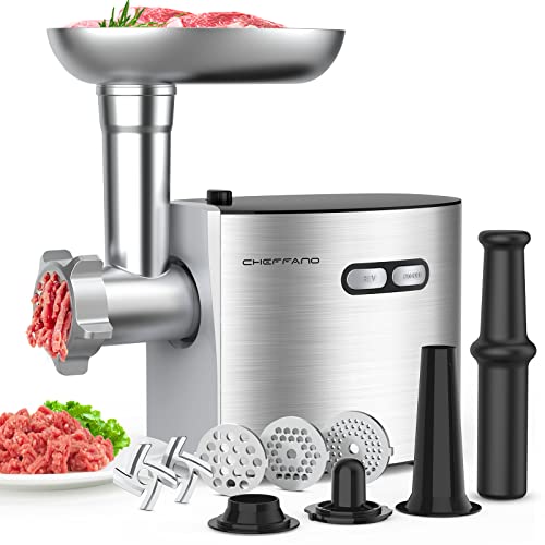 CHEFFANO Meat Grinder, 2600W Max Stainless Steel Meat Grinder Electric, ETL Approved Heavy Duty Meat Mincer Machine with 2 Blades, 3 Plates, Sausage Stuffer Tube & Kubbe Kit for Home Kitchen Use - Silver-L