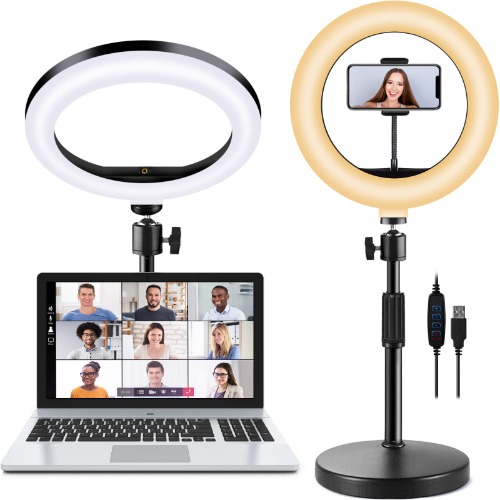 Selfie Ring Light with Stand and Phone Holder, 10'' Dimmable Desktop LED Circle Light for Laptop,Computer, Lighting Kit Gifts for Live Streaming/Laptop Video Conference/Chat/Makeup/YouTube/Tiktok/Vlog - black