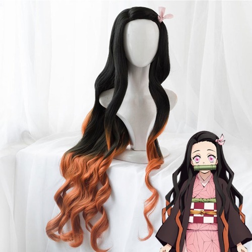 Uwowo Demon Slayer: Kimetsu no Yaiba Kamado Nezuko Cosplay Wig 95cm Long Wavy Black Orange Gradient Wig