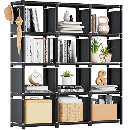 Mavivegue Book Shelf, 12 Cube Storage Organizer, DIY Bookcase, Metal Bookshelf,Tall Book case for Bedroom, Living Room,Office,Closet , Black Cubicle Rack - Black - 12-Grid