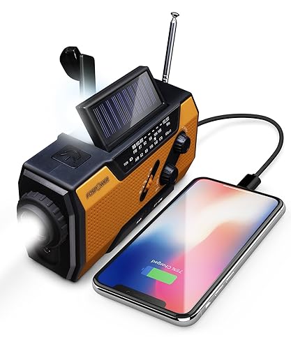 FosPower Emergency Weather Radio (Model A1) NOAA/AM/FM with 7400mWh Portable Power Bank, USB/Solar/Hand Crank Charging, Battery Operated, SOS Alarm & Flashlight for Indoor/Outdoor Emergencies - Model A1