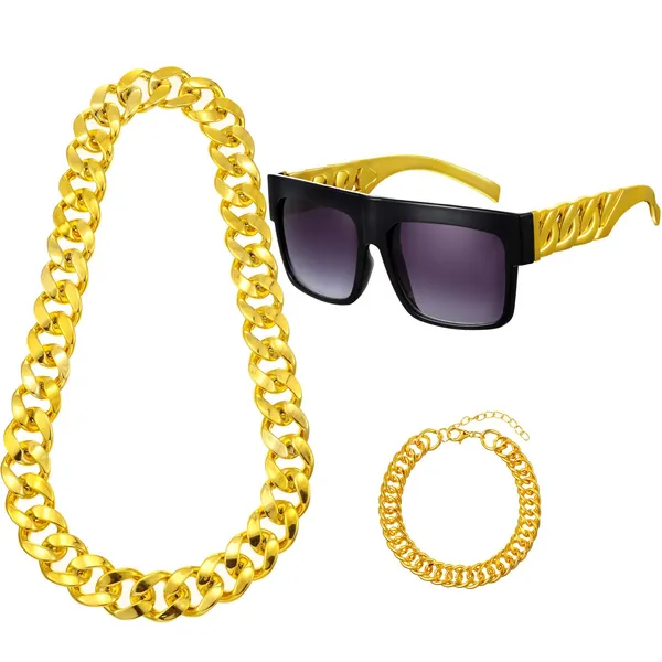 80s/90s rapper costume Hip Hop Costume Kit Metal Chain Flat Top Sunglasses Rapper Big Links Chain Necklace and Bracelet