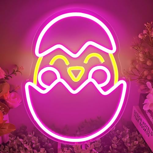 OvoNinn Easter Chick Neon Sign Easter Egg Neon Lights LED Signs for Wall Easter Decoration Light Up Signs for Home Party Kids Room Neon Wall Sign Easter Chick Decor Lights - D-Easter Egg Chick