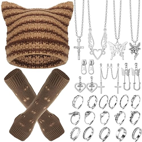 Sureio 25 Pcs Y2K Grunge Knitted Cat Beanie with Fairy Grunge Ripped Gloves Earrings Necklace Rings Devil Horn Grunge Accessories(Brown) - Brown