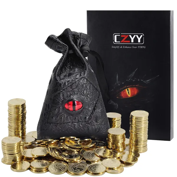 DND Fantasy Coins 50 Antique Gold Metal Treasure Tokens with Leather Pouch - Gaming Loot, Accessories & Props for Dungeons and Dragons, Tabletop RPG, Board or Card Game, LARP and Cosplay -