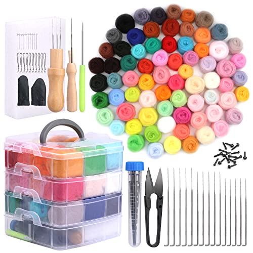 72 Farben Nadelfilz Set, Filzwolle Roving, 128 Stück Nadelfilz Starter Kit mit Filznadeln Grundwerkzeugen und Zubehör Wollfaser-Handspinnmaterial zum Basteln für Anfänger DIY Filz Tier Handwerk - 72 Colours