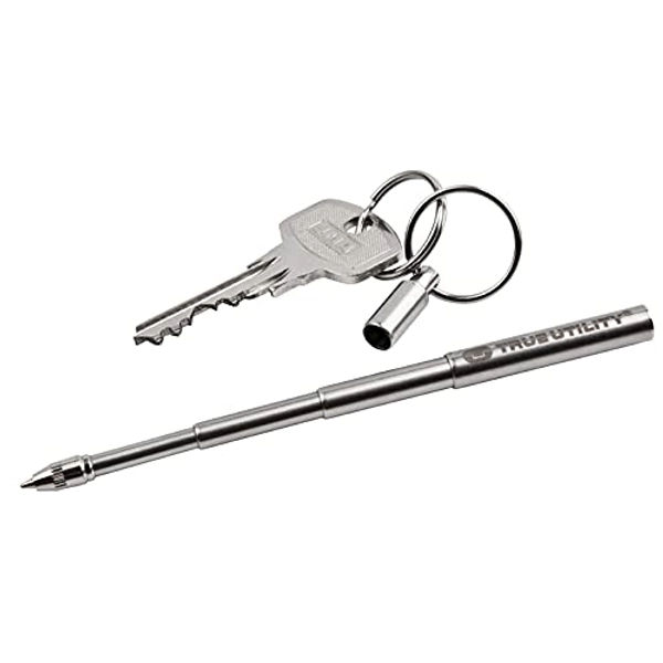 True Stainless Steel TelePen Keychain: Black Ball Point Pen; Quick Pull Release Mechanism from The Cap; 3 Pen Refills; Cool EDC Key Ring Attachment; Great Gift for That Special Someone