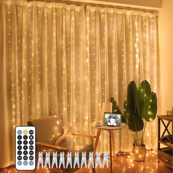FULEN Hanging Fairy Curtain Lights 300 LED Bedroom Decor with Remote Control USB Plug in, Wedding Party Home Bedroom Indoor Wall Decorations, Warm White - Warm White