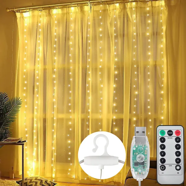 Upgrade Led Curtain Lights,9.8 x 9.8 ft Fairy Curtain Lights,300 LEDs USB Powered Curtain String Lights Hanging Lights with 8 Modes for Bedroom, Birthday,Wedding,Party,Christmas (Warm White) - Warm White