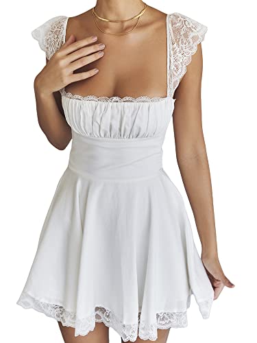 NUFIWI Women Ruffle Mini Dress Bodycon Square Halter Neck Smocked Short Dress Lace Up Ruched Party Y2k Dresses - J Flare White - Medium